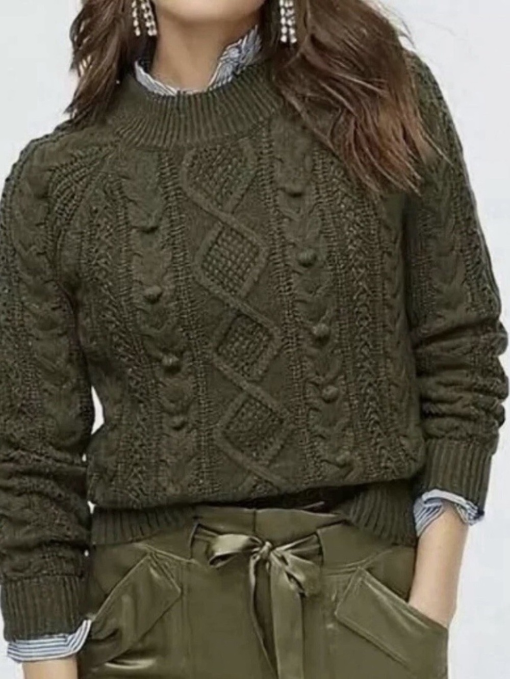J.CREW Olive Green AZRA Cable Knit Pom-Pom Lambswool Sweater Sz Small